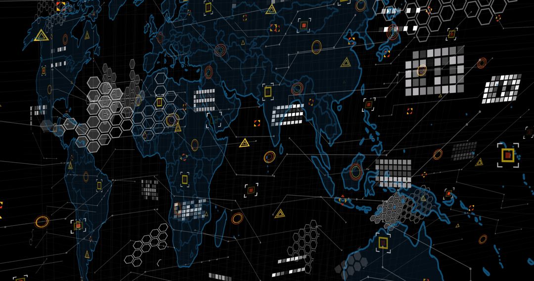 Global Digital Interface with Data Processing Elements on Black Background