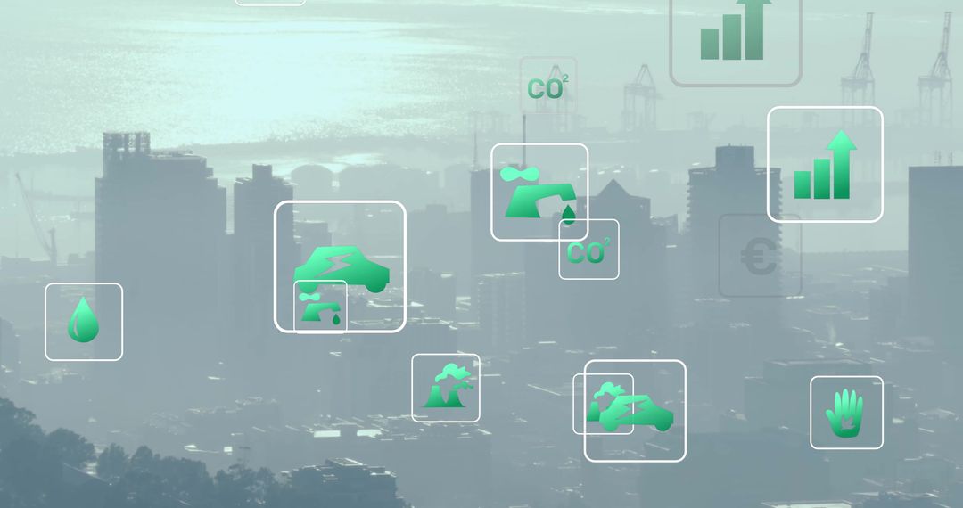 Eco Icons Intertwining with Vibrant Cityscape