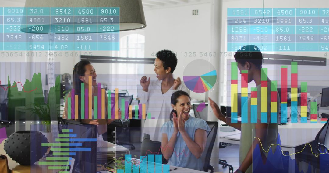 Team Celebrating Business Success with Data Overlays