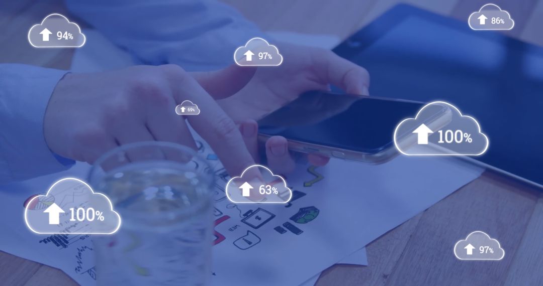 Businesswoman Using Smartphone with Cloud Technology Overlay