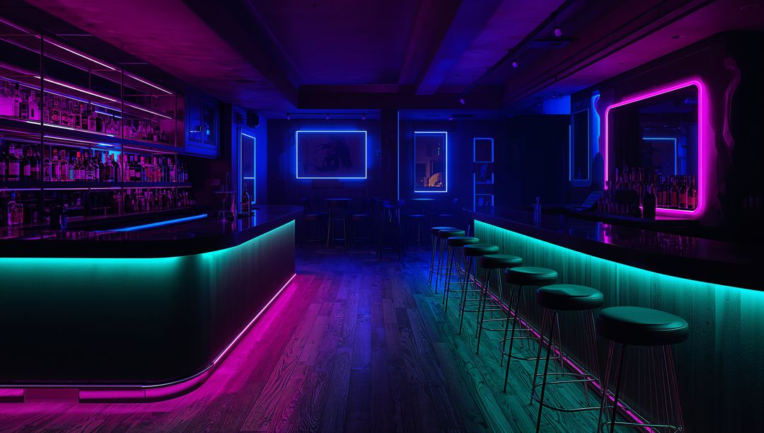 Neon Lounge Bar with Cyan Magenta LED Counters Reflecting on Wooden Floor