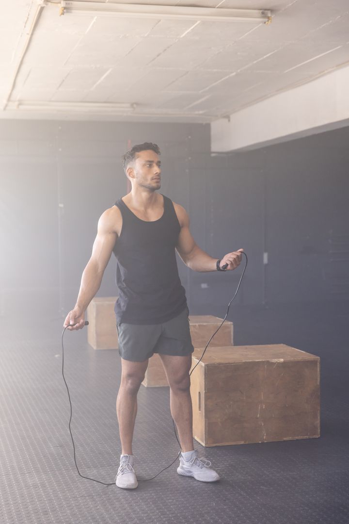 Man Jump Rope Training in Gym with Plyo Boxes and Rubber Mat