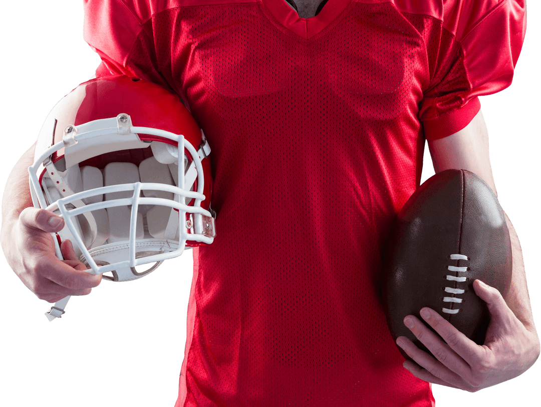 Athlete in Red Jersey Holding Helmet and Football Transparent Background