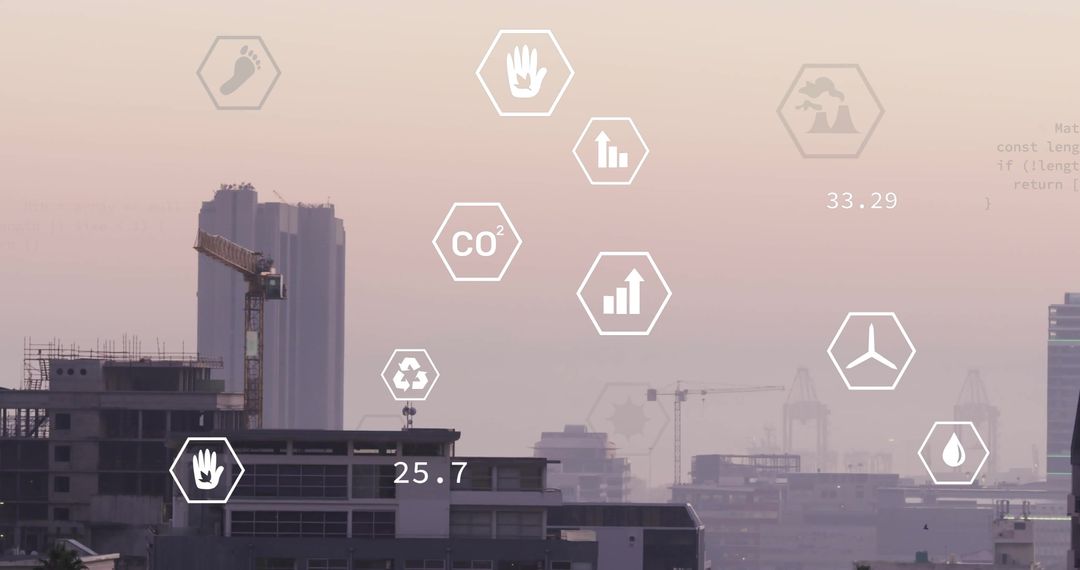Eco Icons Over Cityscape Illustrating Environmental Technology and Connectivity