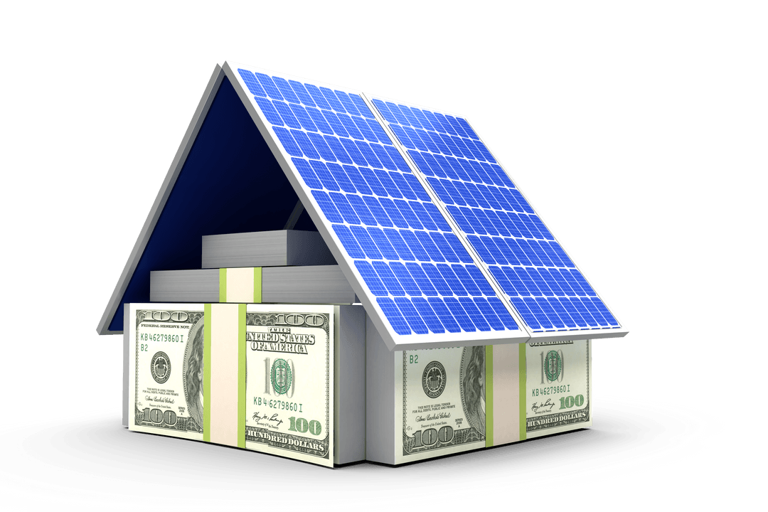 Transparent 3D House Made from Money and Solar Panels Symbolizing Investment