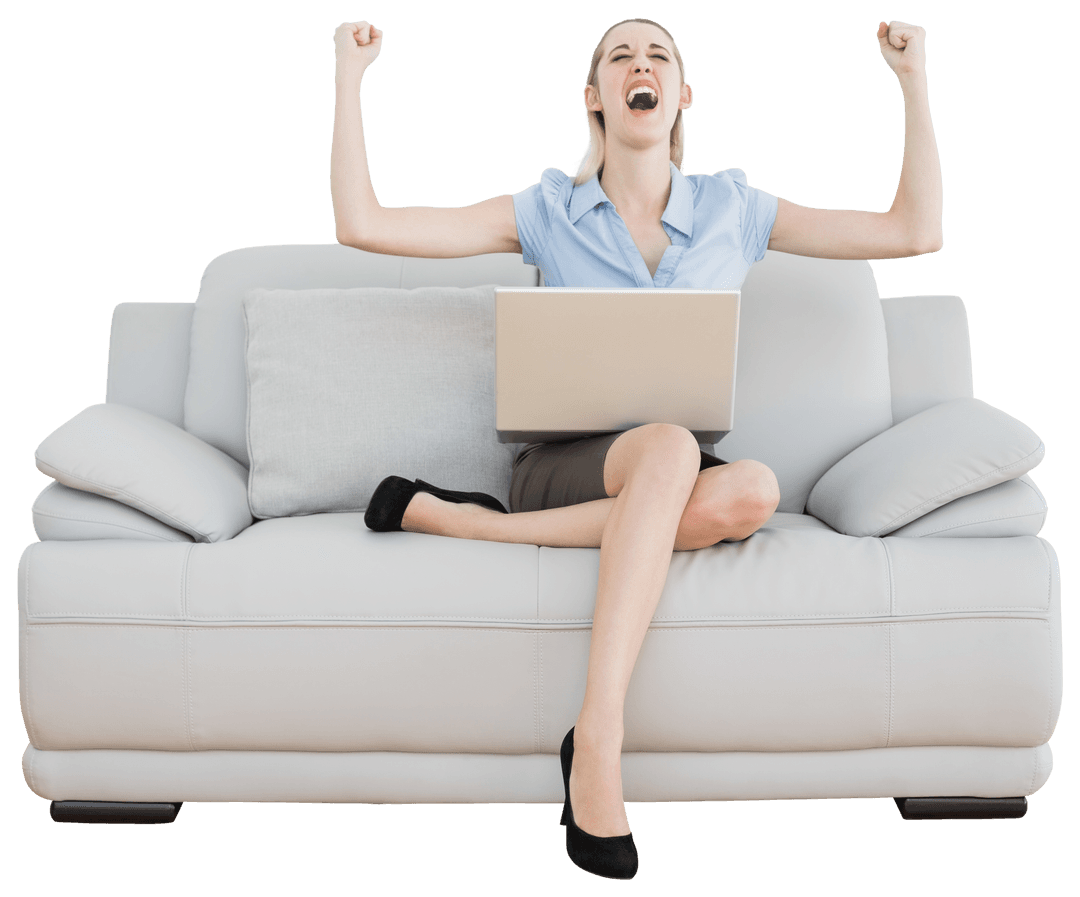Transparent Celebrating Woman Sitting with Laptop on Couch
