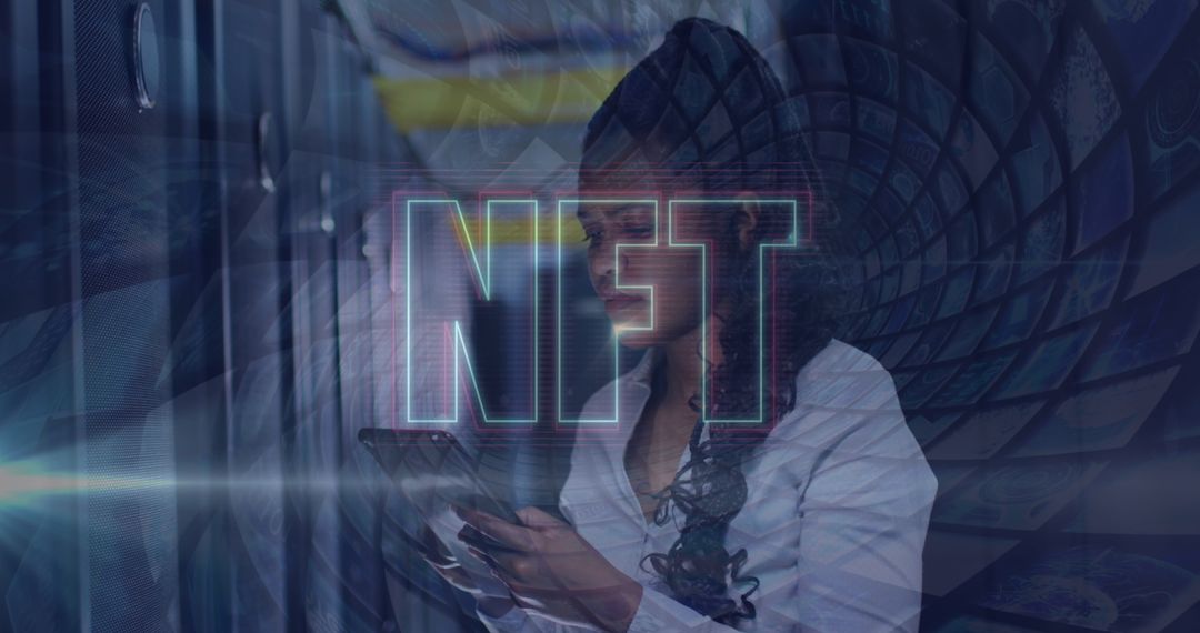 NFT Technology with Woman Using Tablet in Server Room