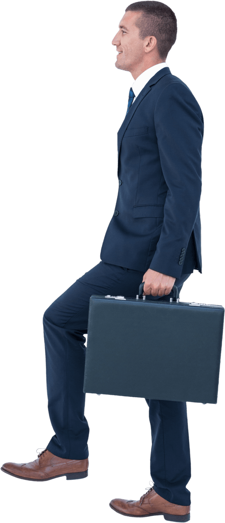 Confident Businessman Climbing with Briefcase on Transparent Background