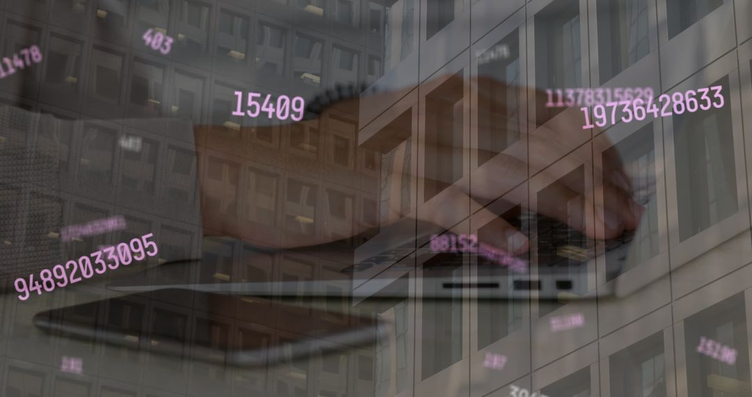 Man Typing on Laptop With Digital Numbers Overlaid on Office Windows