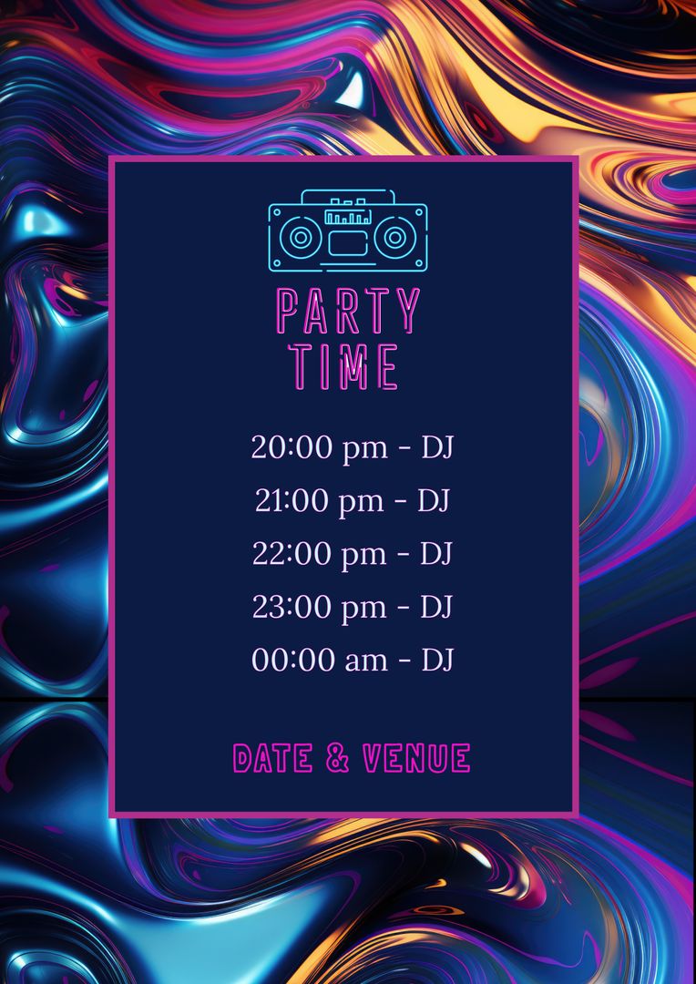 Party Time Event Schedule With Neon Boom Box Graphic