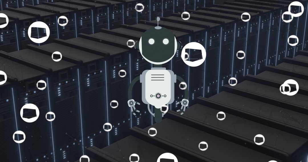 AI Chatbot Over Computer Servers with Digital Icons