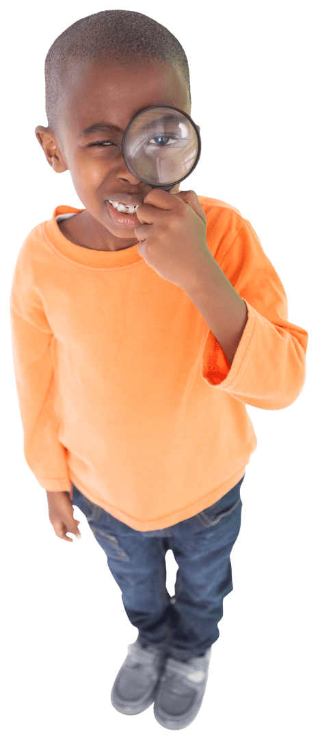 Curious Boy Looking Through Magnifying Glass, Transparent Background