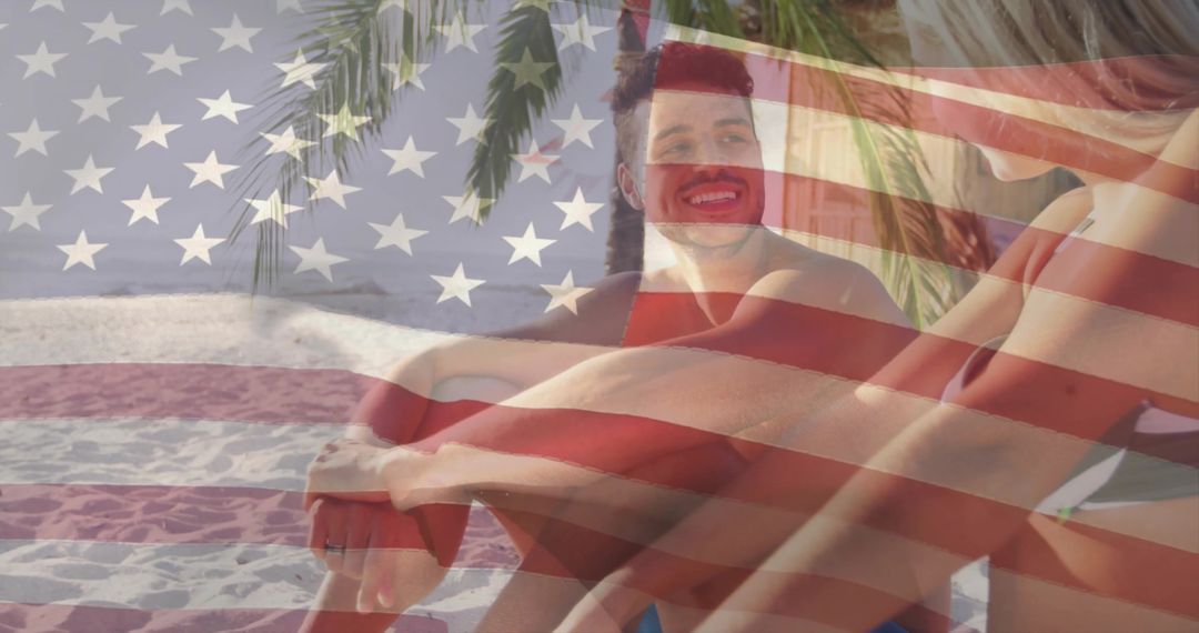 Couple Relaxing on Tropical Beach with American Flag Overlay