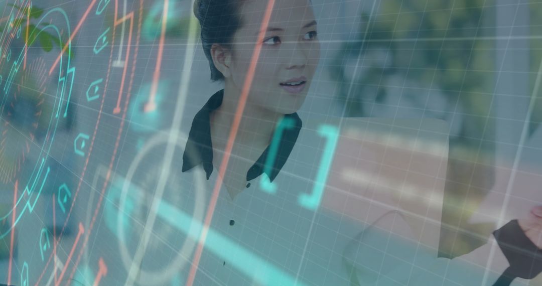 Asian Businesswoman with Digital Financial Data Interface