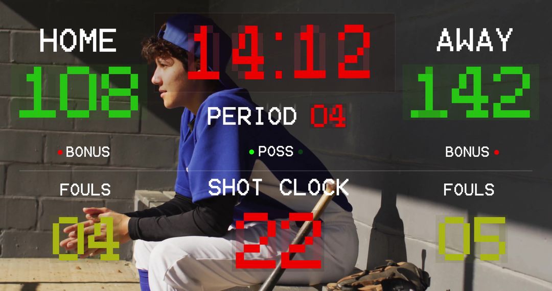 Pensive Baseball Player in Dugout with Digital Scoreboard Overlay