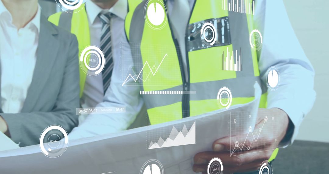 Architects Analyzing Building Plans with Digital Data Overlay