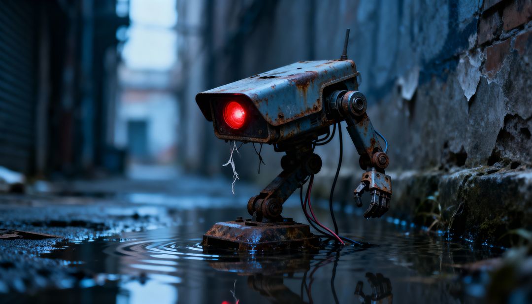 Rusted Surveillance Robot Standing in Neon Wet Alley with Glowing Red Lens