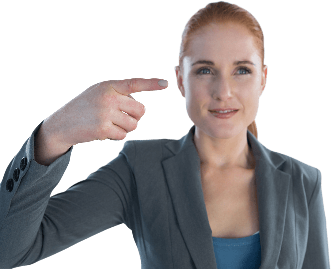 Transparent Smiling Businesswoman in Grey Suit Gesturing Confidently
