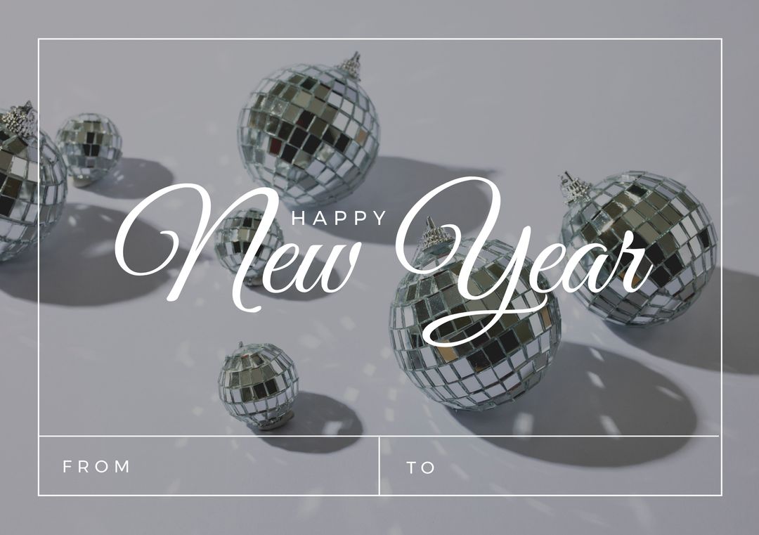 Happy New Year Greeting with Disco Balls on Grey Background - Download Free Stock Templates Pikwizard.com
