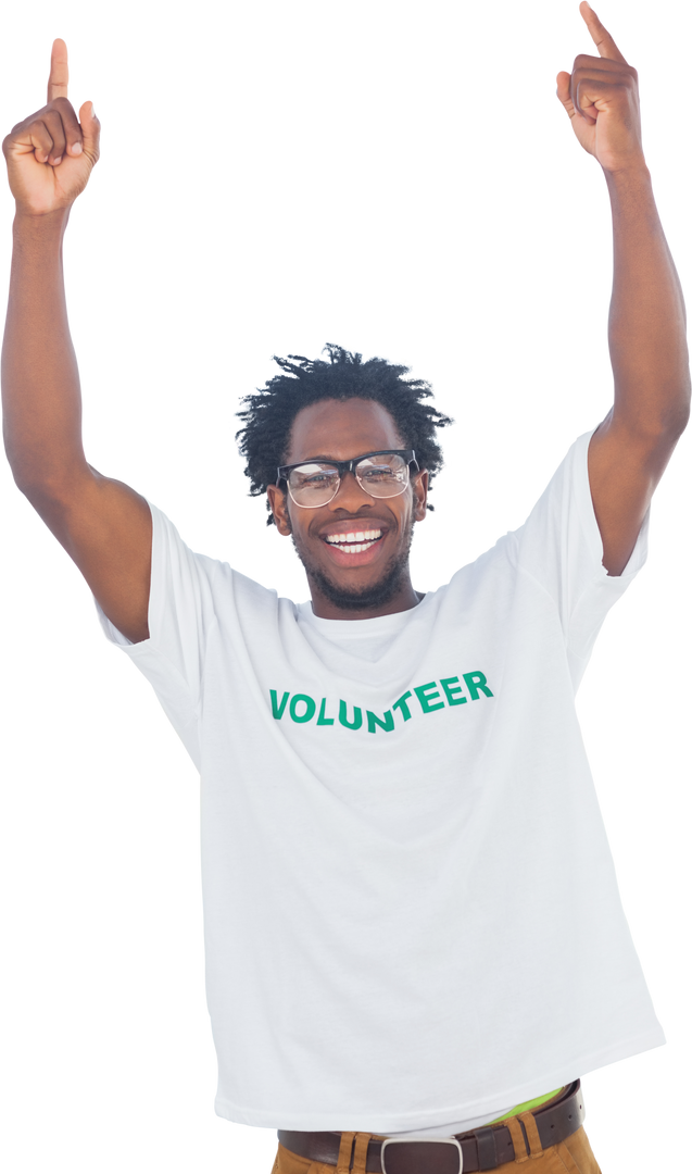 Cheerful Man Celebrating in Transparent Volunteer T-shirt - Download Free Stock Images Pikwizard.com