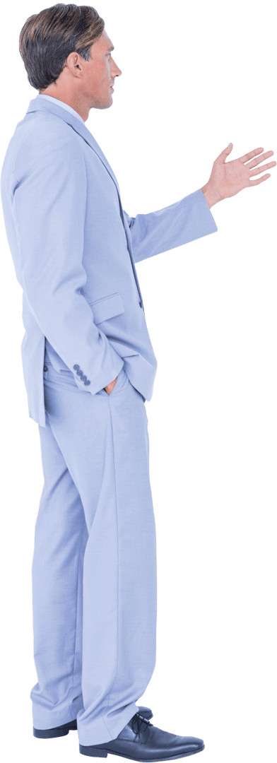 Transparent Businessman Giving Presentation, Side View Stance