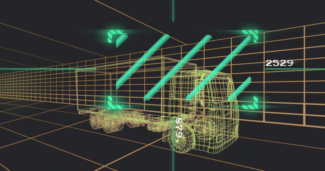 Neon Wireframe Semi Truck Moving Through Futuristic Grid Corridor with HUD Data Overlay