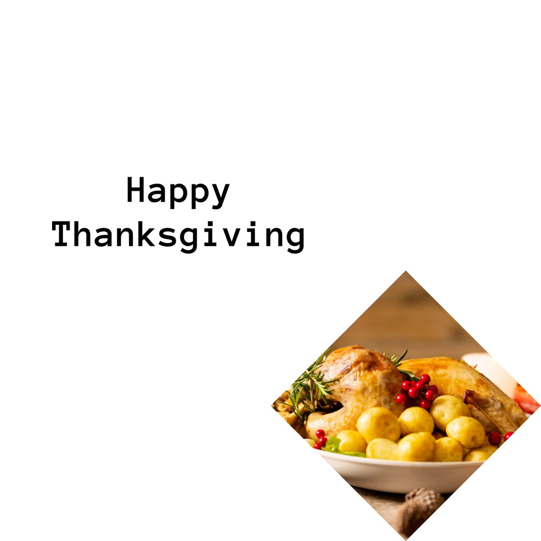 Happy Thanksgiving Text with Turkey Dinner on Table in a Diamond Frame - Download Free Stock Templates Pikwizard.com