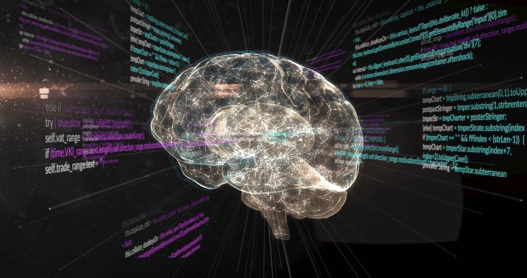 Glowing 3D brain hologram pulsing through neon code panels in virtual data network