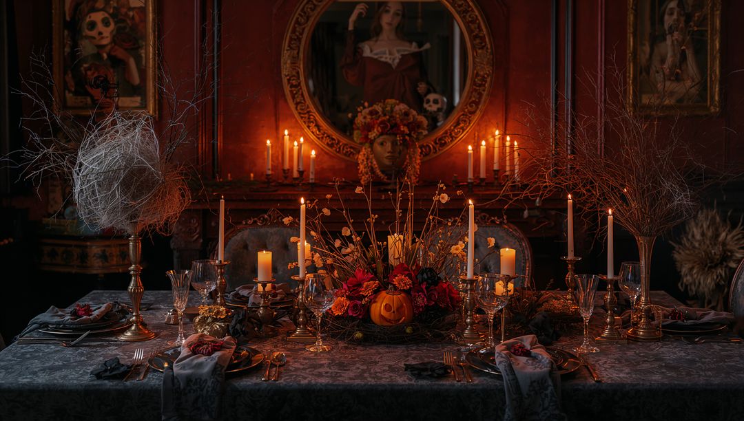 Elegant Gothic Dining Table with Candles and Pumpkin Centerpiece