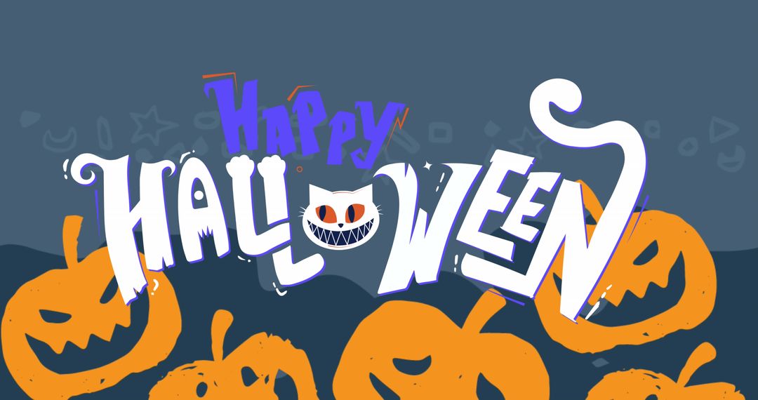 Creative Happy Halloween Text with Pumpkins and Cat Decor