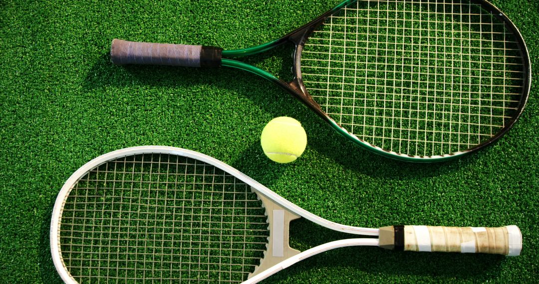 Two Tennis Rackets And Ball On Green Grass Court - Free Images, Stock Photos and Pictures on Pikwizard.com