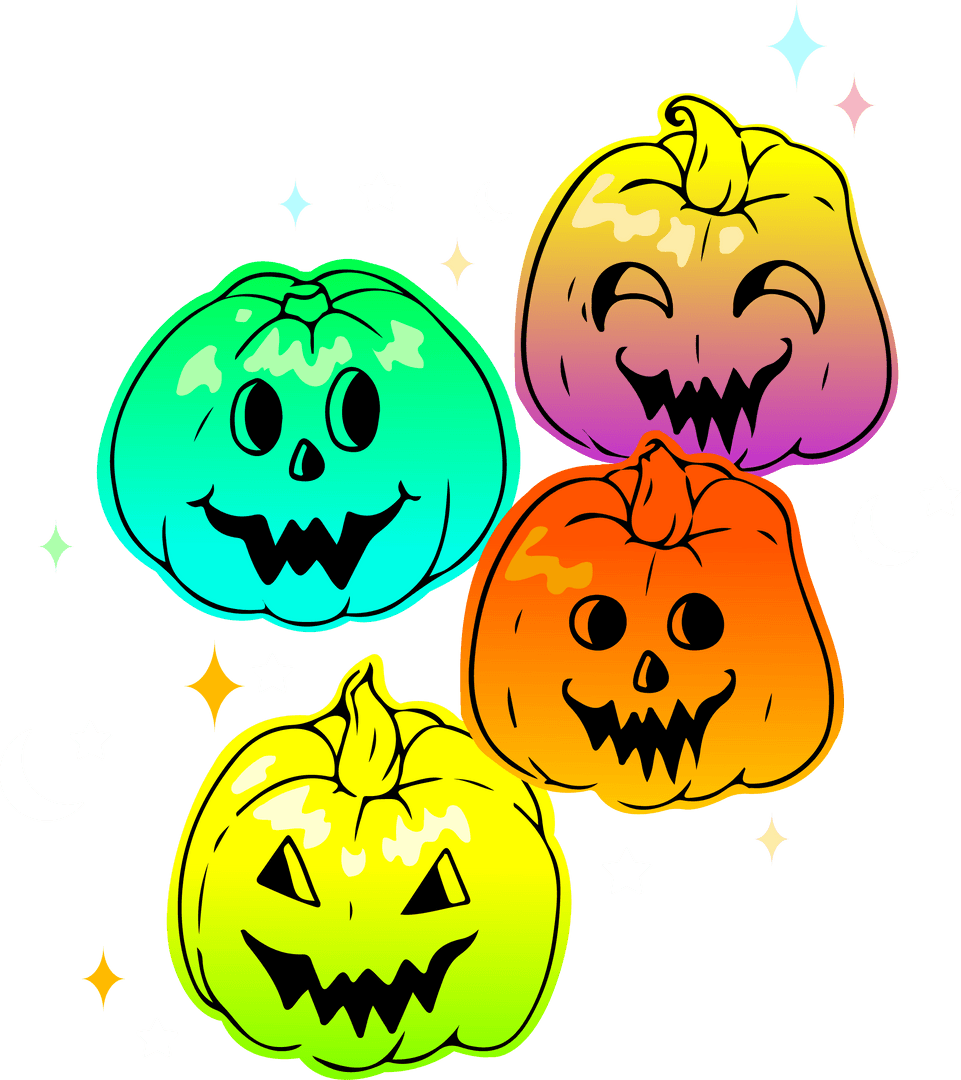 Vibrant Whimsical Jack-O'-Lanterns on Transparent Background
