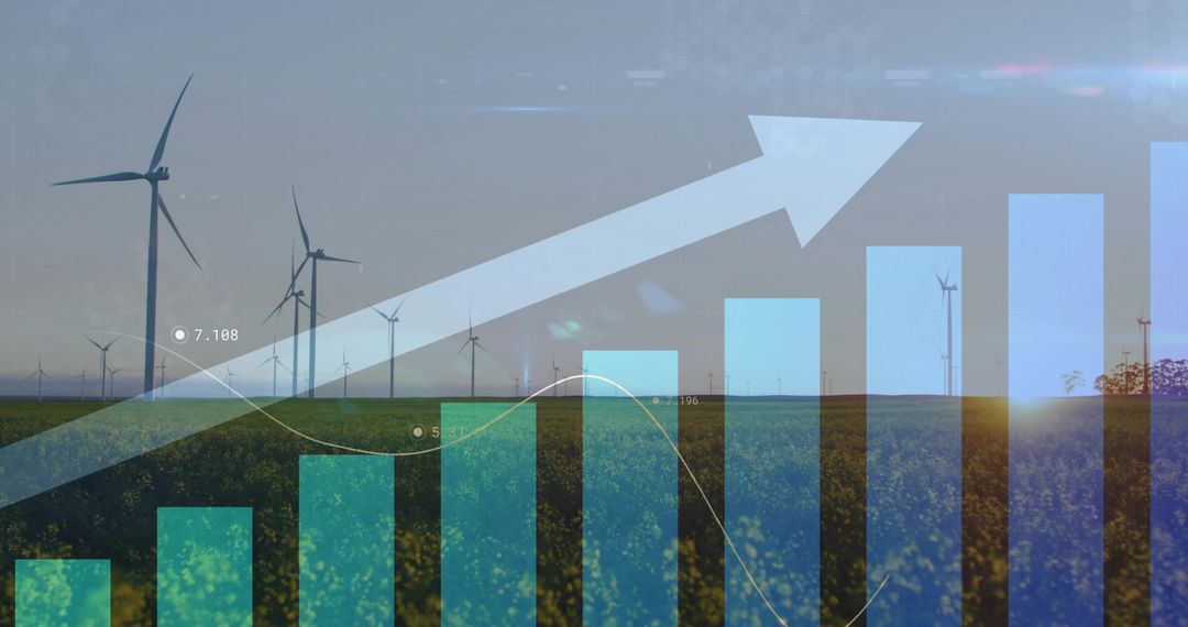 Wind Turbines Rotating Over Farmland with Growth Chart Overlay Renewable Energy Trend