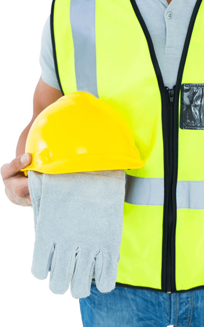Transparent Worker Holding Safety Gear with Gloves and Hard Hat