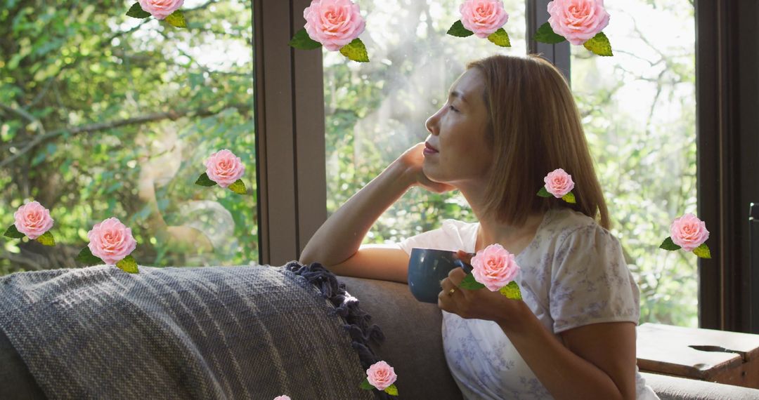 Asian Woman Relaxing with Coffee and Floral Overlay at Home