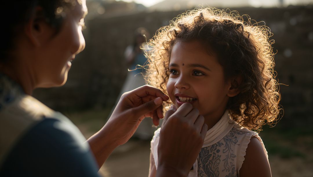 Mother Silently Bonding While Flossing Daughter in Warmly Lit Courtyard