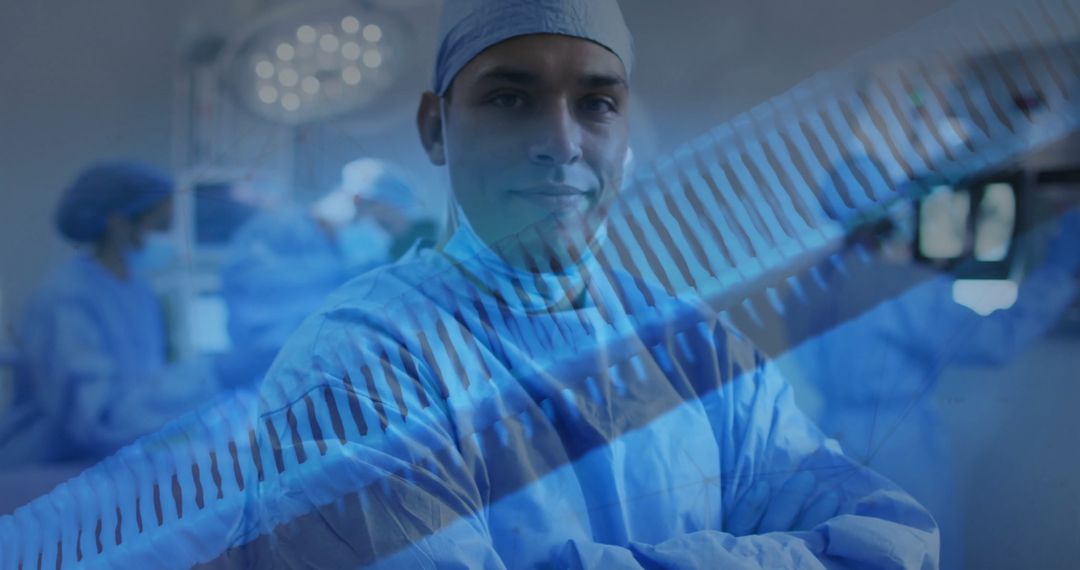 Confident Surgeon with Digital DNA Overlay