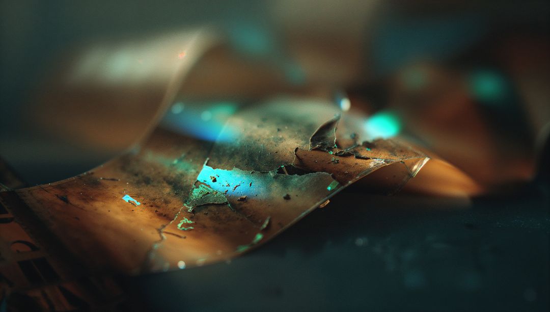 Decaying Film Strip on Dark Surface with Abstract Patterns