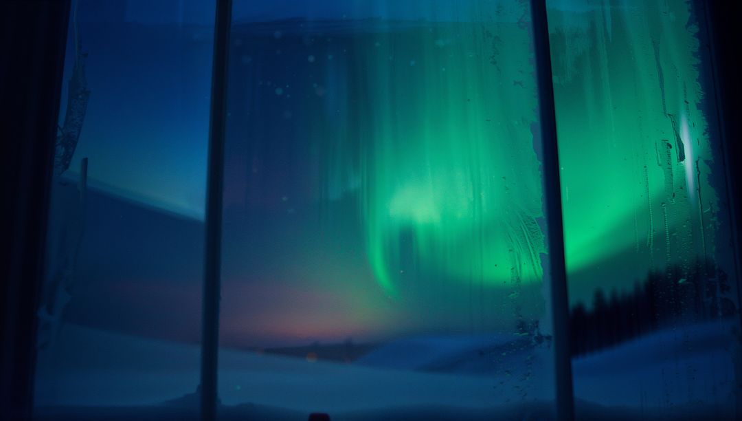 Captivating Aurora Borealis View Through Frosty Cabin Window