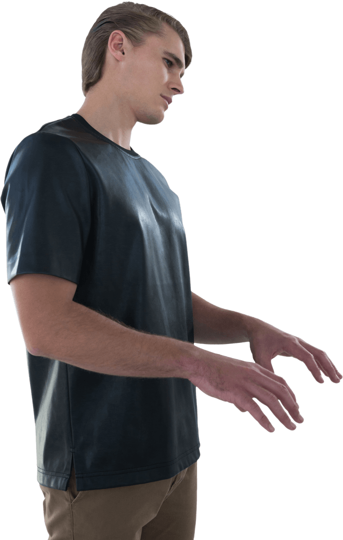 Transparent Young Man Gesturing in Profile View
