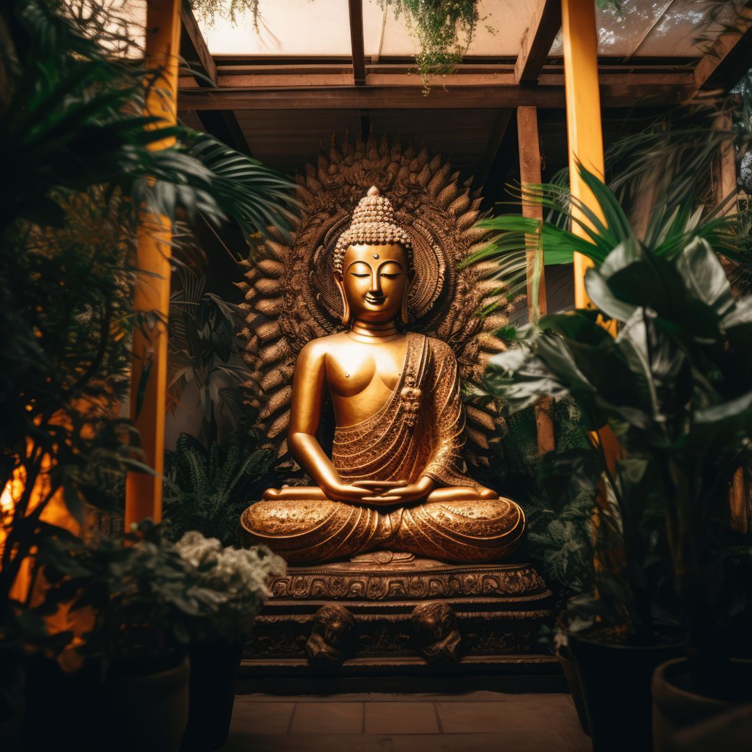 Close up of buddha statue and plants in traditional temple, created using generative ai technology - Free Images, Stock Photos and Pictures on Pikwizard.com