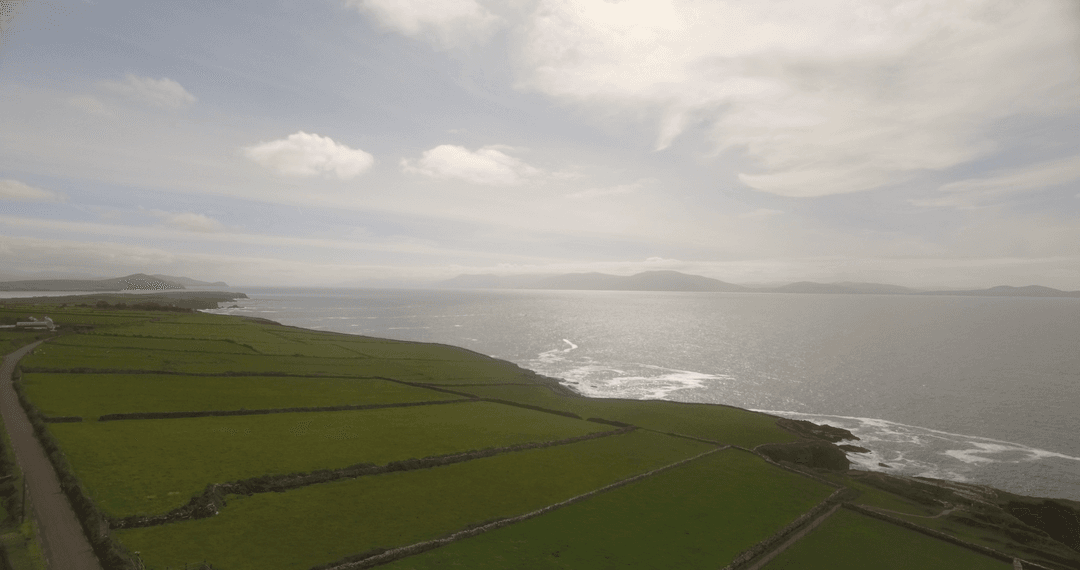 Transparent Horizon Over Lush Coastal Farm Fields