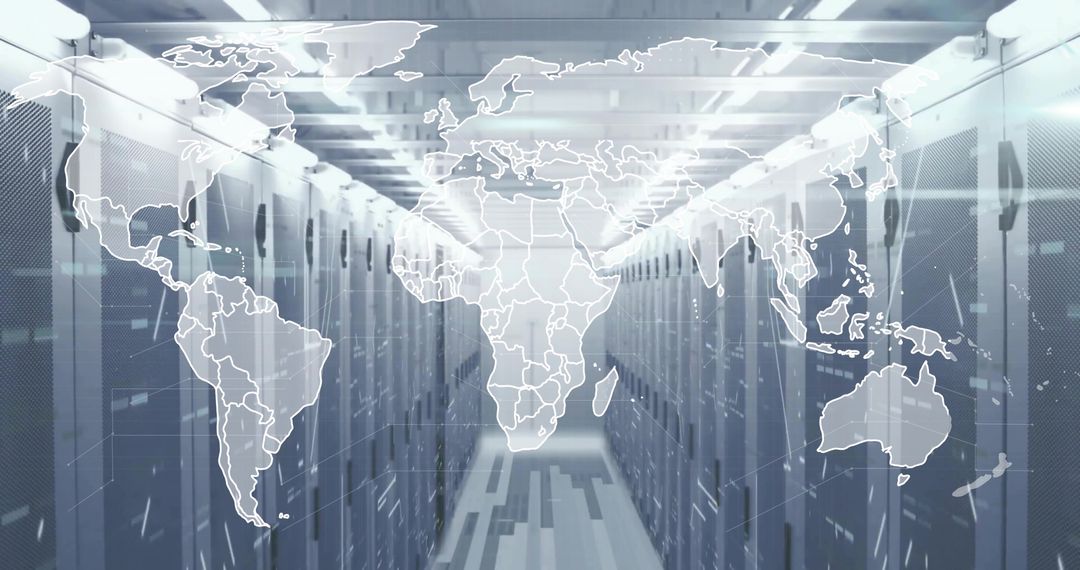 Digital World Map Overlay in Hi-Tech Data Center Corridor