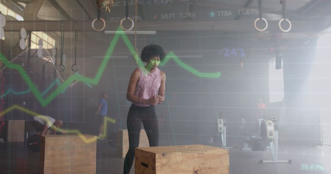 Woman Training in Gym with Digital Stock Graph Overlay