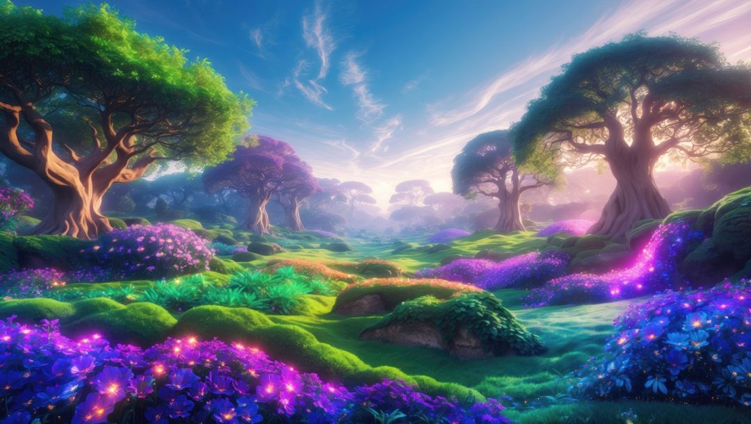 Enchanted forest with glowing trees and luminous flowers at dusk, garden of eden concept