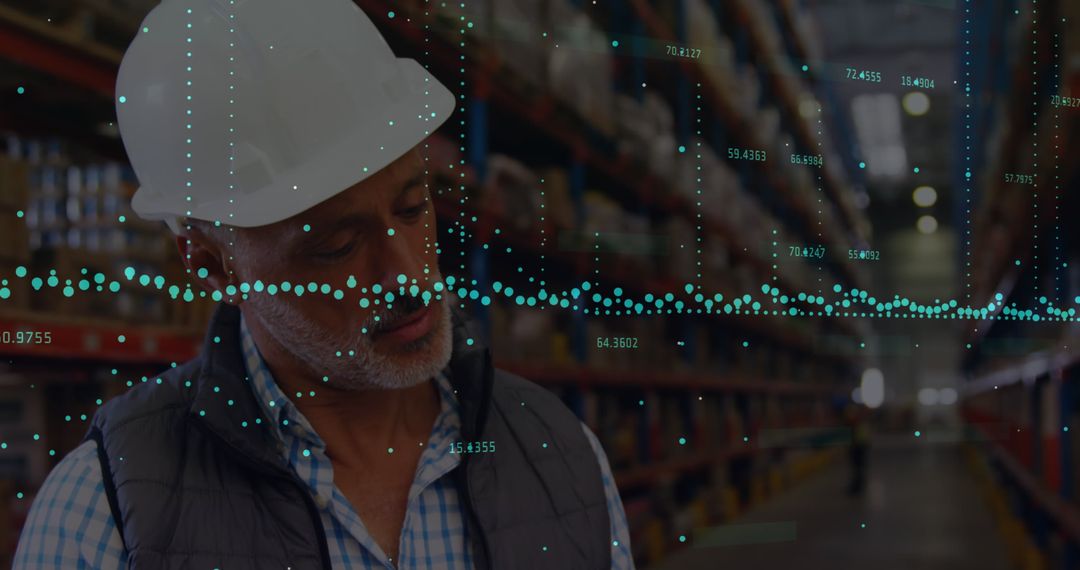 Warehouse Worker Analyzing Digital Financial Data Overlays