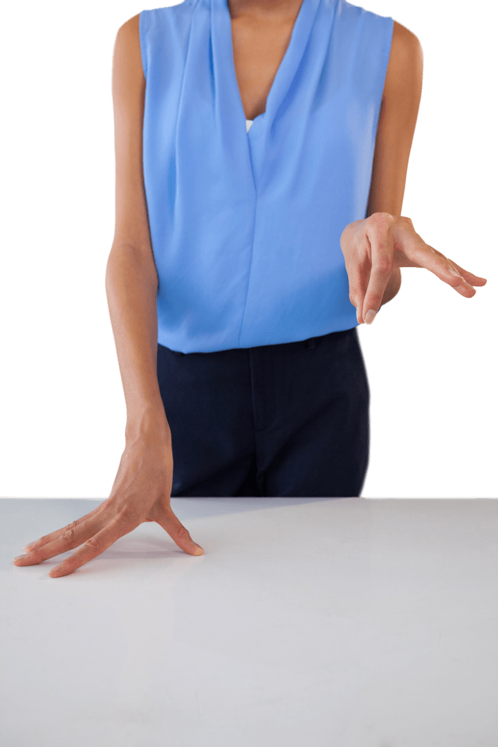 Transparent Businesswoman Hand Gesture Over Table Surface
