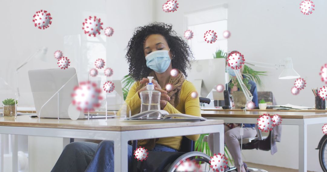 Office Workers with Masks and Sanitizer Working During Pandemic