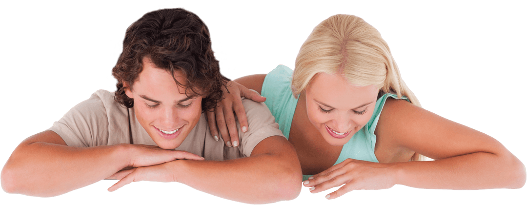 Transparent Couple Smiling Behind Blank Card Image