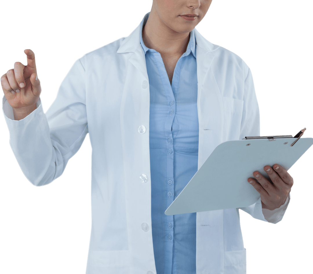 Female Doctor Using Transparent Interface with Clipboard